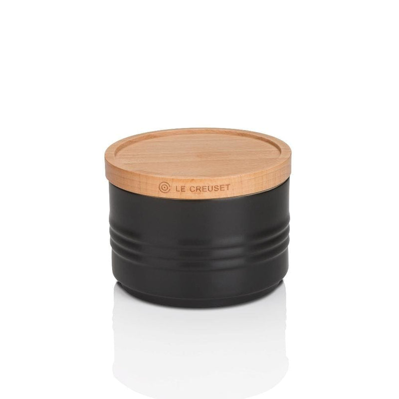 DISC Le Creuset Stoneware Small Storage Jar with Wooden Lid Satin Black - Art of Living Cookshop (2382849179706)