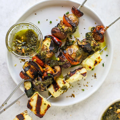 Grilled Vegetables And Halloumi Skewers With Pistachio Pesto
