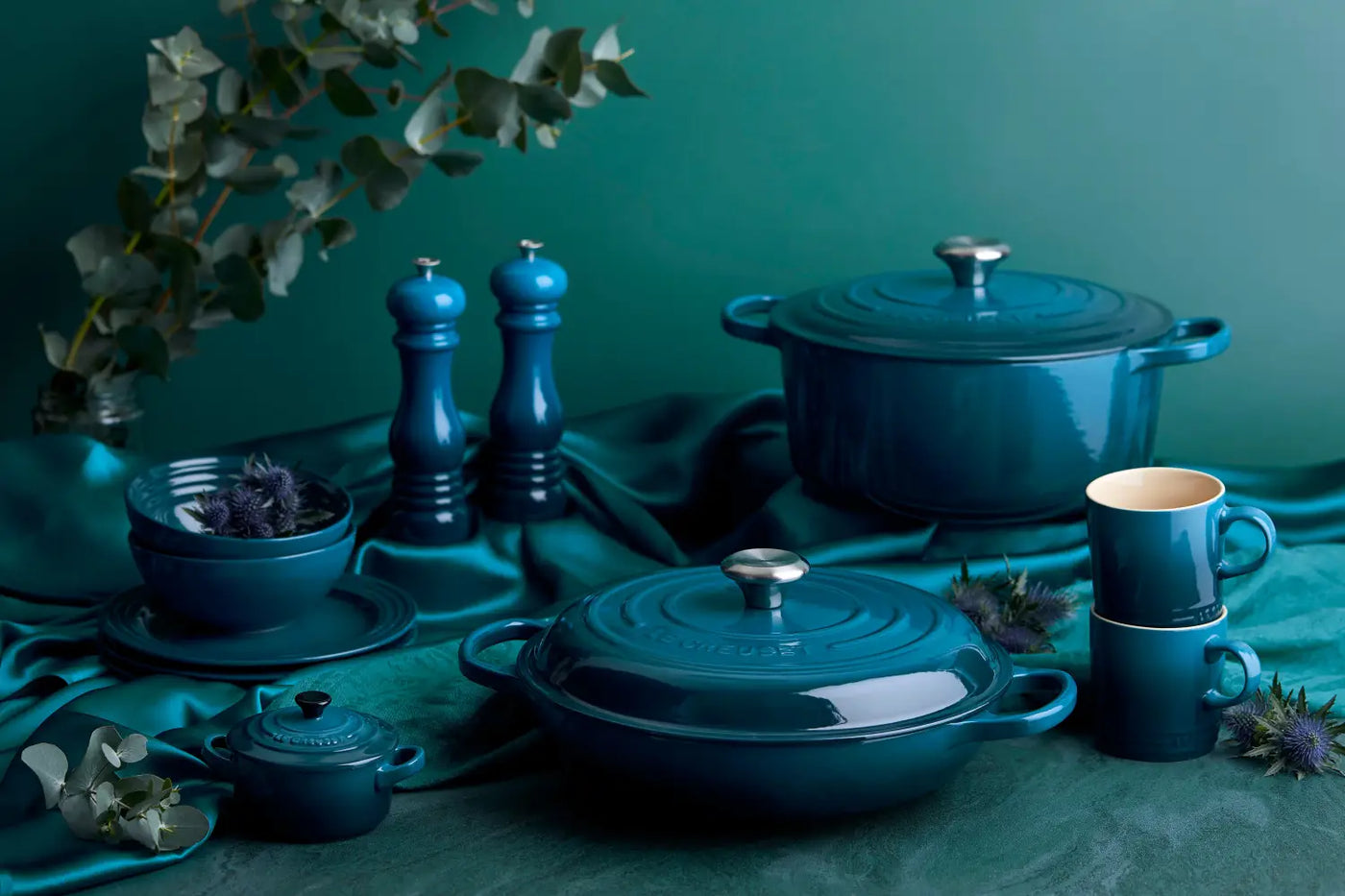 Le Creuset Deep Teal Casseroles, Mills, Mugs and other cookware