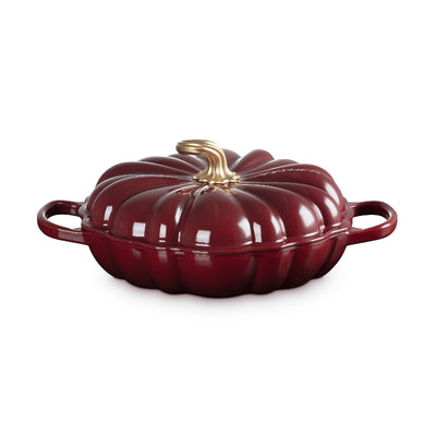 Le Creuset Cast Iron Signature Pumpkin Shallow Casserole Garnet 28cm with Gold Finish Handle