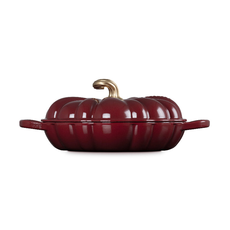 Le Creuset Cast Iron Signature Pumpkin Shallow Casserole Garnet 28cm with Gold Finish Handle