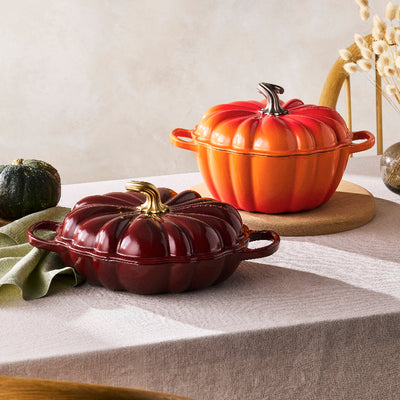 Le Creuset Cast Iron Signature Pumpkin Shallow Casserole Garnet 28cm with Gold Finish Handle