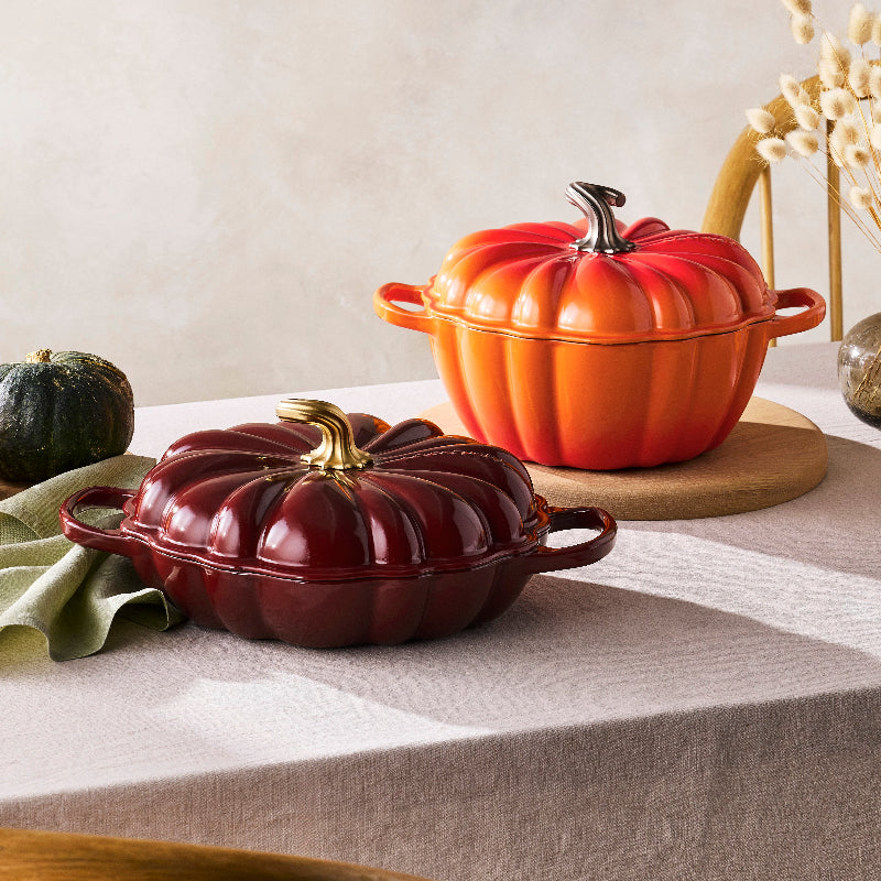 Le Creuset Cast Iron Signature Pumpkin Shallow Casserole Garnet 28cm with Gold Finish Handle