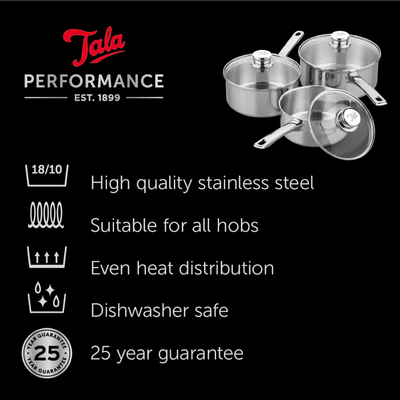 Tala Performance Classic Stainless Steel Saucepan Set 16cm,18cm and 20cm (6837519286330)