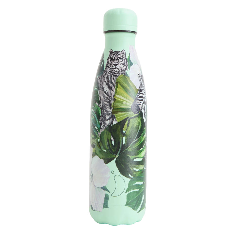 Mint green water bottle with animal and leaf design on a white background