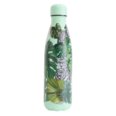 Mint green water bottle with tropical leaf design on a white background