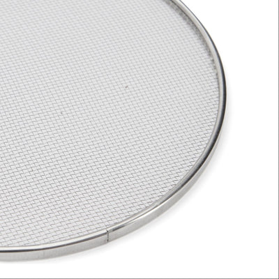 Round metal screen with a grid pattern on a white background