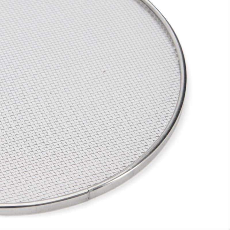 Round metal screen with a grid pattern on a white background