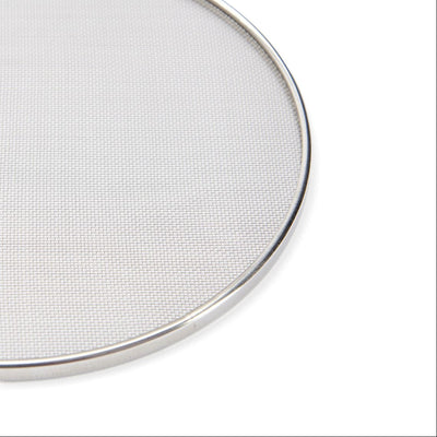 Round metal screen filter on a white background