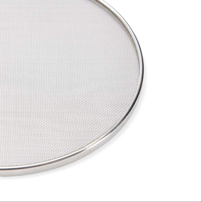 Round metal screen filter on a white background