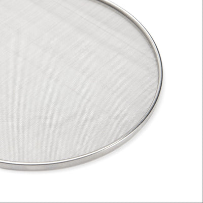 Round metal screen filter on a white background
