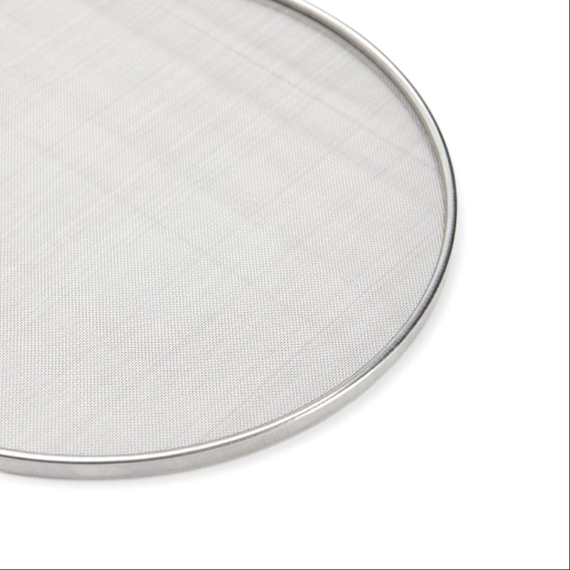 Round metal screen filter on a white background