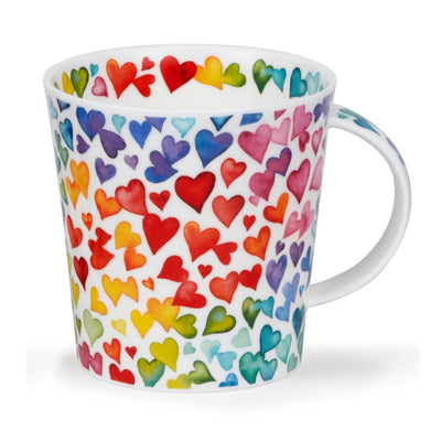 Mug with colorful heart pattern on a white background