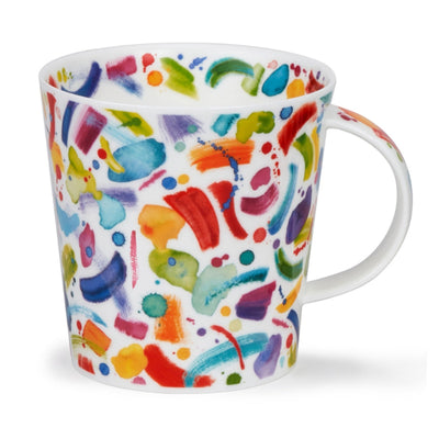 Colorful mug with abstract patterns on a white background