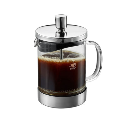 French press with coffee on a white background