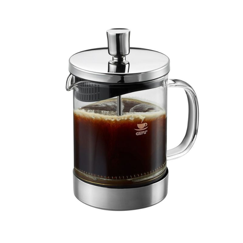 French press with coffee on a white background