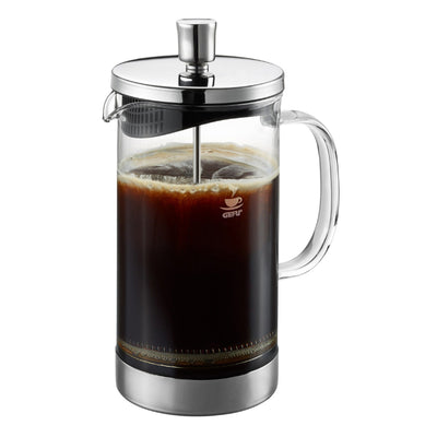 French press with coffee on a white background