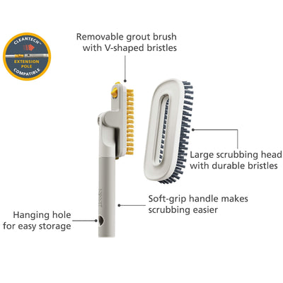 Cleaning brush with features labeled on a white background