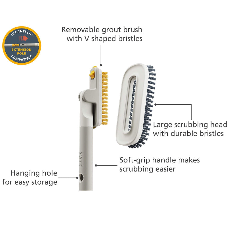 Cleaning brush with features labeled on a white background