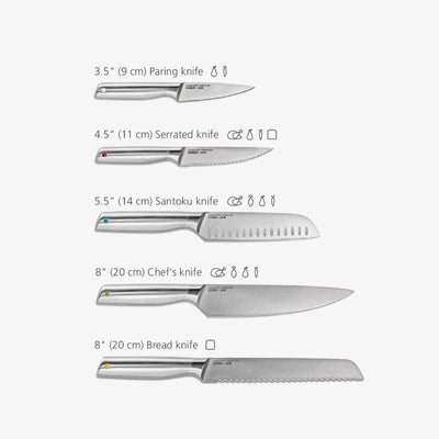 Set of knives with measurements on a white background