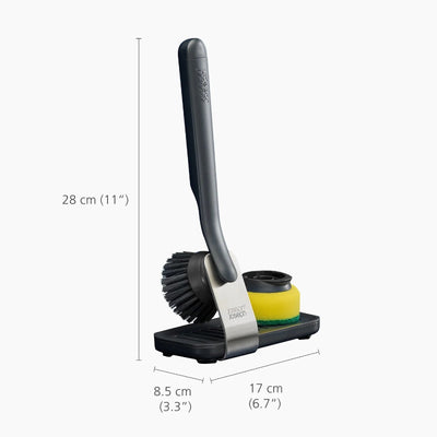 Dishwashing brush with holder and scrubber, shown with measurements on a white background