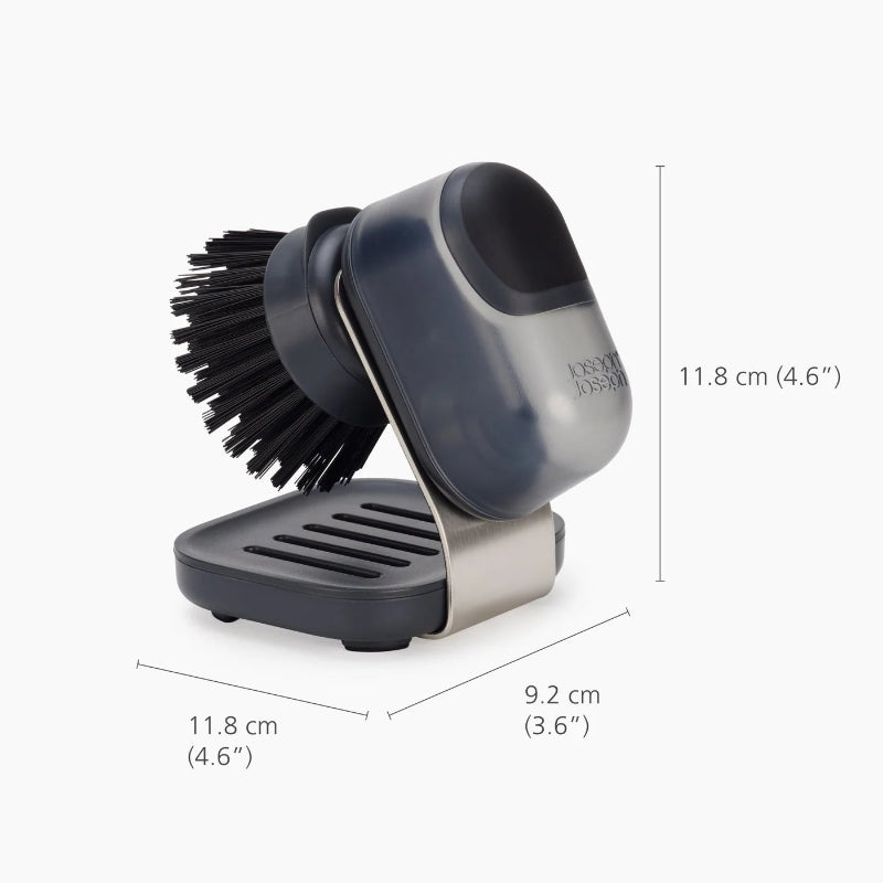 Dish brush with stand and measurements on a white background