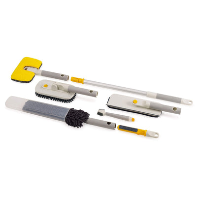 Set of cleaning tools including a scrubber, brush, and squeegee on a white background