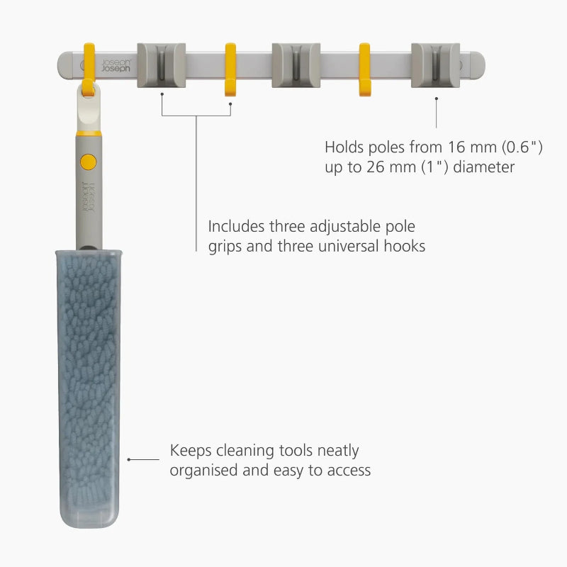 Gray cleaning tool holder with adjustable pole grips and hooks on a white background