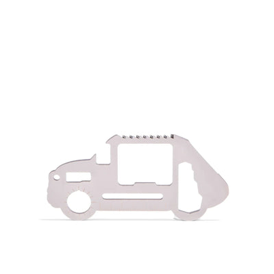 Metal multitool shaped like a truck on a white background