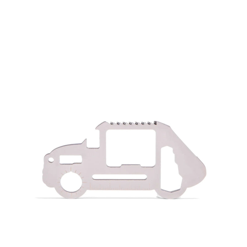 Metal multitool shaped like a truck on a white background