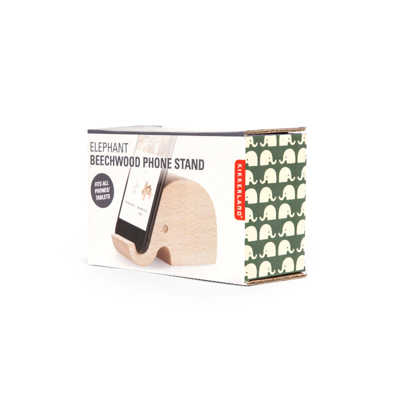 Wooden elephant phone stand with packaging on a white background