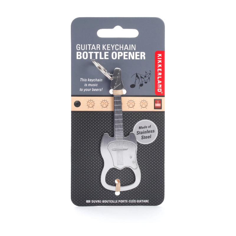 Guitar-shaped bottle opener on Kikkerland packaging