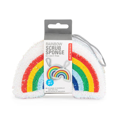 Rainbow scrub sponge set with packaging on a white background