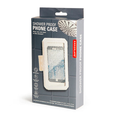 Packaged shower proof phone case with Kikkerland branding on a white background