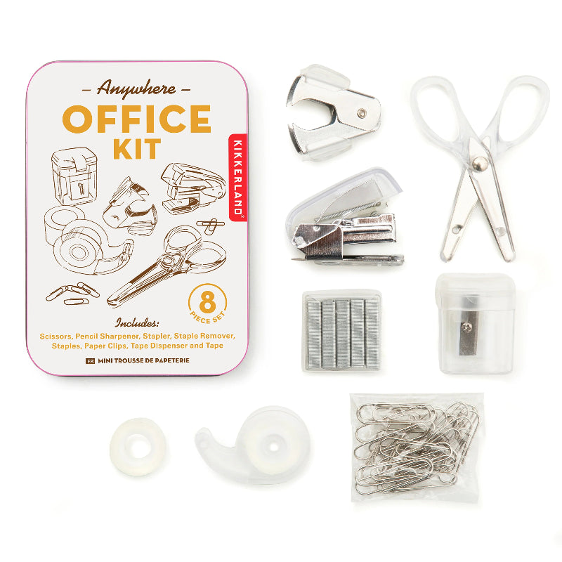 Kikkerland office kit with various office supplies on a white background