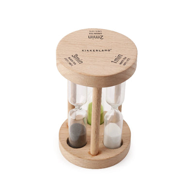 Wooden sand timer with labeled time intervals on a white background