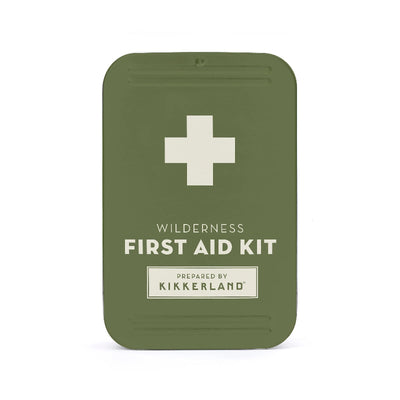 Green first aid kit with a white cross and text on a white background