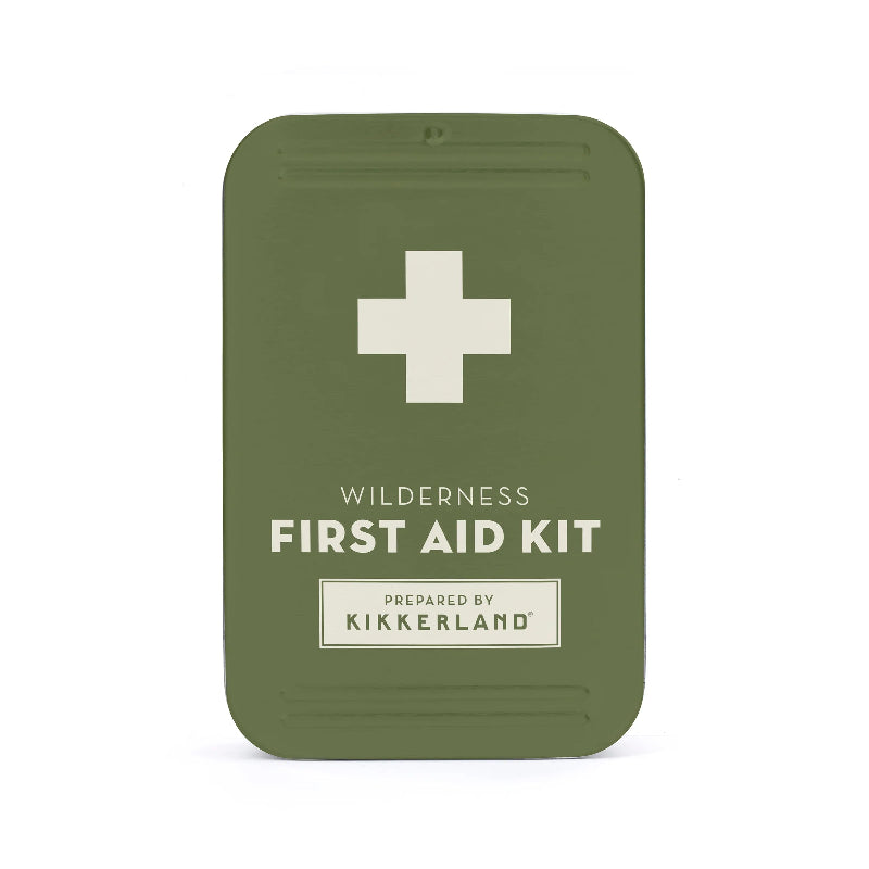 Green first aid kit with a white cross and text on a white background