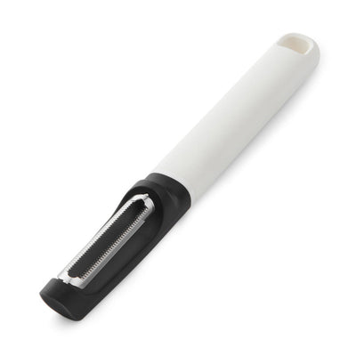 Peeler with white handle and black grip on a white background