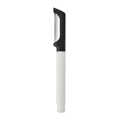 Black and white vegetable peeler on a white background
