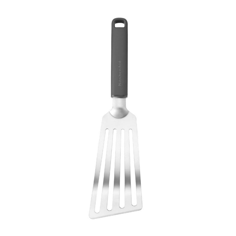 Metal spatula with a black handle on a white background