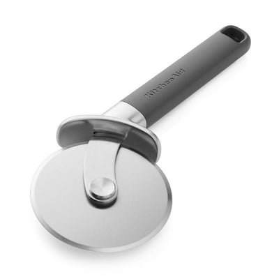 Gray pizza cutter with a silver blade on a white background