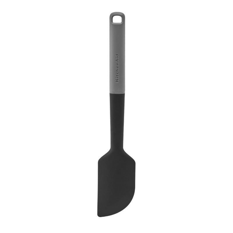 Black spatula with a gray handle on a white background