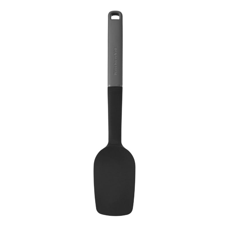 Black spatula with a gray handle on a white background