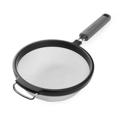 Mesh strainer with black rim and handle on a white background