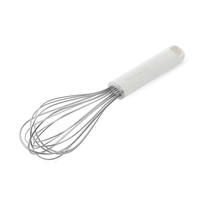 White-handled whisk on a white background