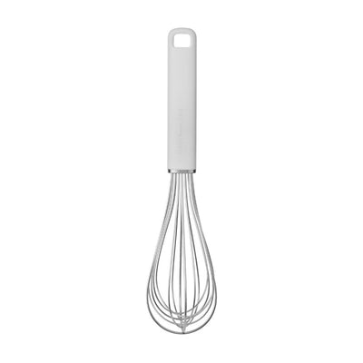 White whisk with a gray handle on a white background