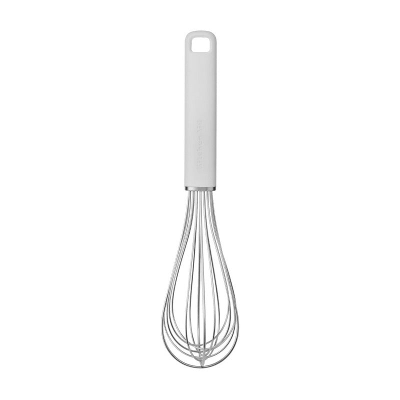 White whisk with a gray handle on a white background