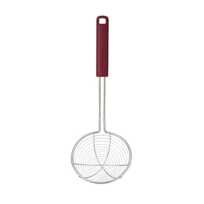 Metal strainer with a red handle on a white background