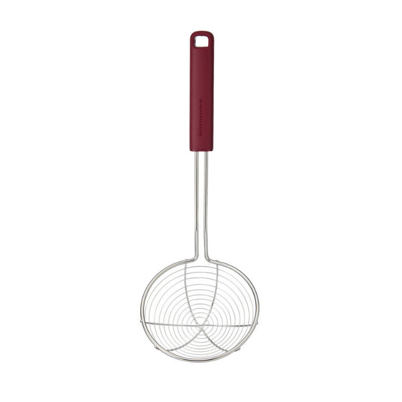 Metal strainer with a red handle on a white background